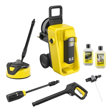 Karcher K4 – żółto-myjka ciśnieniowa z pistoletem natryskowym, lancem, kołowrotkiem węża, czyścikiem powierzchni, detergentami i końcówką do dysz.