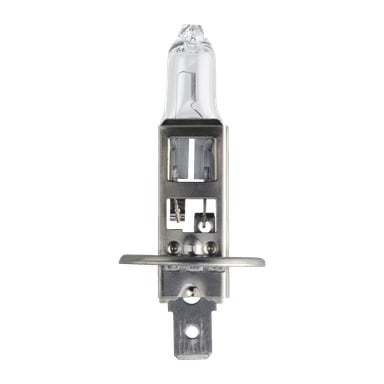 Lähikuva Philips Halogen Vision -lampusta, jossa on metallipohja ja läpinäkyvä lasikotelo.