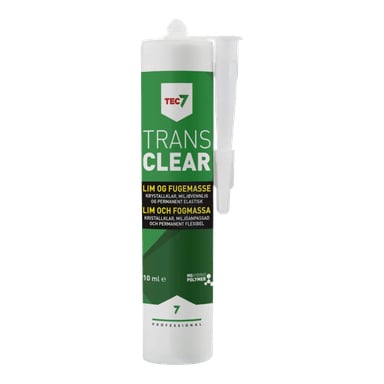 En tub TEC7 Trans Clear tätningsmedel med grön och vit etikett, spetsig applikatortip och text som anger att den är klar och miljövänlig.