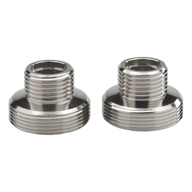 Två identiska polerade silvermetallbeslag sitter sida vid sida, var och en med både inre och yttre gängor samt en platt cirkulär bas.