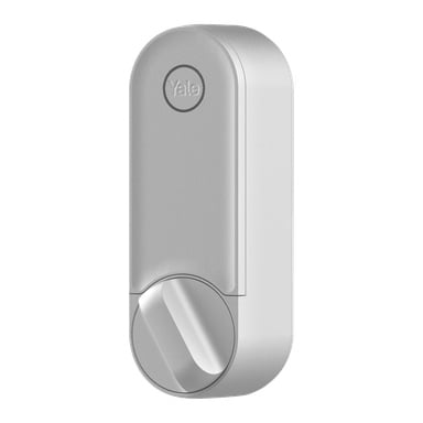 Ett silverfärgat smart dörrlås med ett roterande handtag och Yale-logotypen högst upp, med en slank, rektangulär form med rundade kanter.