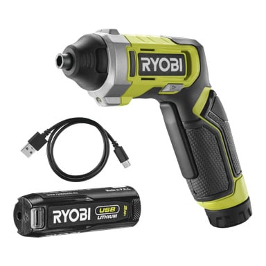 Ryobi sladdlös skruvmejsel med svart och grönt handtag, ihopparad med en USB-laddningskabel och avtagbart litiumbatteri.