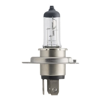 En Philips Halogen Vision Rally-strålkastarlampa har en metallbas med två stift och ett transparent glashus som exponerar den interna glödtråden.