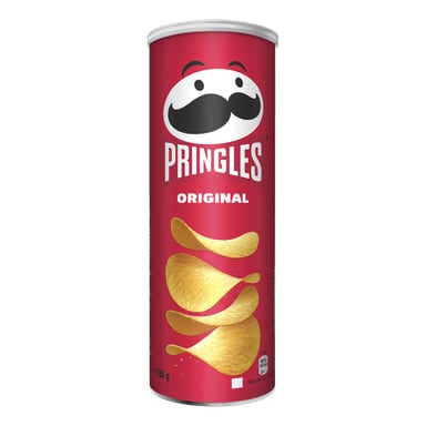 En röd Pringles Original-burk med mustaschprydd maskot och staplade chips; nettovikt anges som 165 gram.