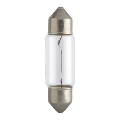 Philips Bulb C5W -autolasinen sulake, jossa on metalliset päändykset ja ohut lankafilamentti näkyvissä sisällä.