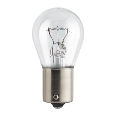 En Philips Bulbs P21W står oppreist og viser en gjennomsiktig glødelampe med tydelig synlig glødetråd og indre elementer, montert på en metallbase.