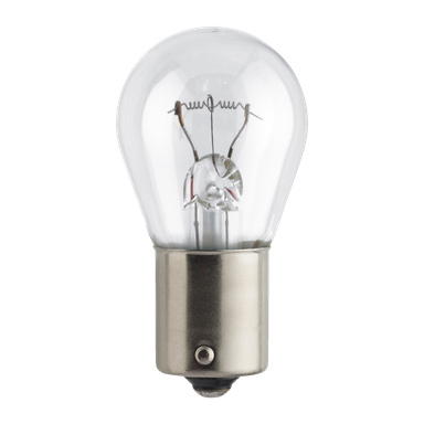 Philips Bulbs P21W seisoo pystyasennossa, ja siinä on läpinäkyvä hehkulamppu, jossa on selvästi näkyvät filamentit ja sisäosat, kiinnitettynä metallialustaan.