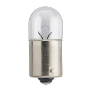 Lähikuva Philips Bulb R5W:stä, jossa näkyy sen läpinäkyvä lasikupu ja kiiltävä metallinen pohja.