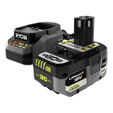 Ryobi 18V litium-ion batteri og ladesett. Laderen har indikatorlys; batteriet merket "Lithium+ 18V 4.0Ah" i grått og grønt.