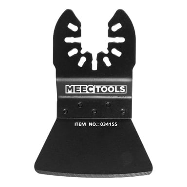 Eine schwarze oszillierende Multitool-Klinge mit dem MEEC TOOLS-Logo und 034155, mit einer breiten Kante und mehreren Löchern oben.