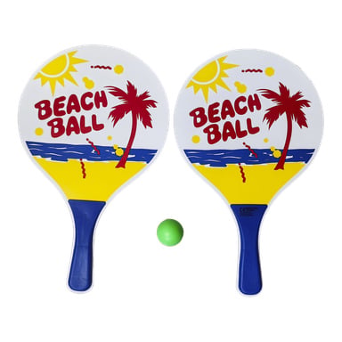 Två strandpaddlar märkta "Beach Ball" med en tropisk scen av palmer, sol och hav, och en liten grön boll mellan dem.
