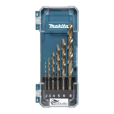 Wiertło Makita umieszczone w niebieskim plastikowym etui z przezroczystą pokrywką, mieszczącą sześć metalowych wierteł o rozmiarach od 2 mm do 8 mm, oznaczonych na dole.