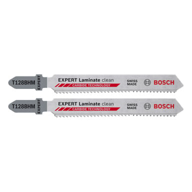 Boschin T128BHM palapelin terät oli merkitty EXPERT Laminate -puhtaaksi, ja siinä näkyy karbiditekniikka sekä painettu brändäys metallissa.