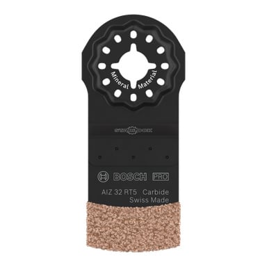 Bosch Starlock-oscillerande blad märkt AIZ 32 RT5 Carbide, med en svart kropp och guldfärgad karbidkant för att skära mineraler.