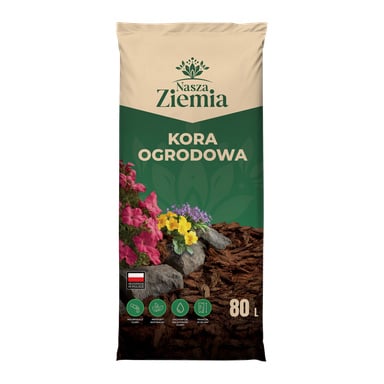 Torba oznaczona jako Nasza Ziemia Kora Ogrodowa 80L z obrazami kory ściółki, różowych i żółtych kwiatów, kamieni oraz ikon z darczyń.