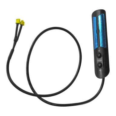 En svart kabel med en kontrollplatta som visar Hastighet och +-knappar, en blå metallstång och två gula kontakter i spetsen.
