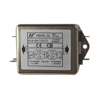 Rektangulært metall EMI-filter merket HENG JU HJ4-6A-T(027) viser spesifikasjoner, sertifiseringsmerker, diagram og sideterminaler.
