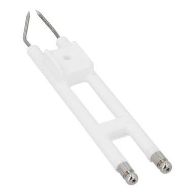 Sytytyselektrodi diesellämmittimille valkoinen keraaminen runko, kaksi rinnakkaista metallipiikkiä toisessa päässä ja kaksi sähköistä kosketusliittiä toisessa.