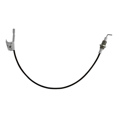 En eldstadsstartssäkring med svart tändelektrod, vit keramisk isolator, metallspets och en slingad kabel märkt på ena sidan.