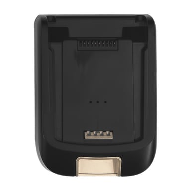 Svart laddningsdocka med guldkontaktpunkter och en tom plats för batteriet i den upprättstående dammsugaren, sedd uppifrån.