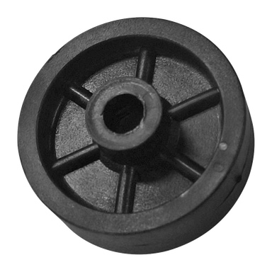 Wheel-löpbandet är ett massivt svart plasthjul med sex ekrar, som visar sin plana yta och viss djup från en vinklad vy.