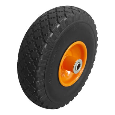 Gummihjul med svart texturerat däck, orange metallnav, silverlager i mitten och "Ej för motorvägsbruk" på sidoväggen.