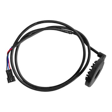 Elcykelsensor: svart kabel, kontakt med röd, blå, svarta ledningar i ena änden, rundtandad sensor i den andra.