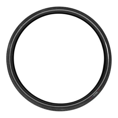 Et enkelt svart Tyres elektrisk sykkeldekk sett ovenfra, med en sirkulær form og klare mønstre og detaljer på sideveggen.