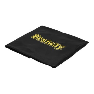 Taitettu musta trampoliinimatto ja 2,44 metrin turvaverkkokansi, jonka päällä on suuret keltaiset "Bestway"-kirjaimet.