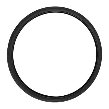 Et enkelt svart sykkeldekk står oppreist.