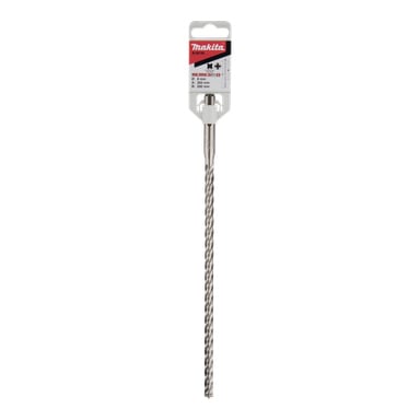 Förpackad Makita SDS-Plus borr, silver med spiralrävningar; Etiketten anger 8 mm diameter, 210 mm längd, 150 mm arbetsdjup.