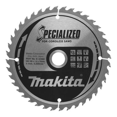 Cirkulärt Makita-sågblad med vassa tänder, märkt SPECIALISERAD för sladdlösa sågar, med specifikationer och användningsikoner på metall.