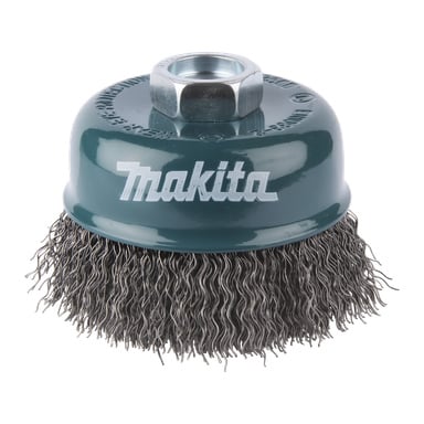 Makita stålkoppsborste med vridna stålborst och en gängad sexkantsmutter ovanpå, idealisk för att ta bort rost eller färg från metall.