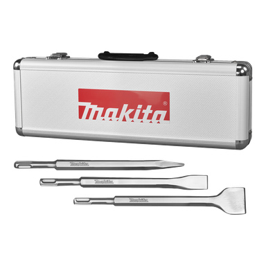 En silverfärgad Makita-bärväska står bakom tre olika stålmejselbitar, var och en i olika form och storlek, arrangerade i en rad.