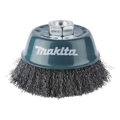 Makita-lankakuppiharja, jossa on vääntyneet metalliharjakset, turkoosi metallipohja ja keskellä oleva kiinnitysreikä sähkötyökaluille.