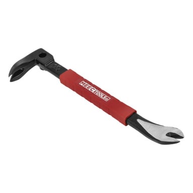 Svart och silverfärgad bräck med rött gummihandtag, MEEC TOOLS-märkning, böjd klo i ena änden, platt vinklad spets i den andra.