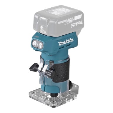 Blå och svart Makita sladdlösa kompaktrouter med genomskinlig bas, markerade reglage och en övre 18V batteriplats; Batteriet ingår inte.
