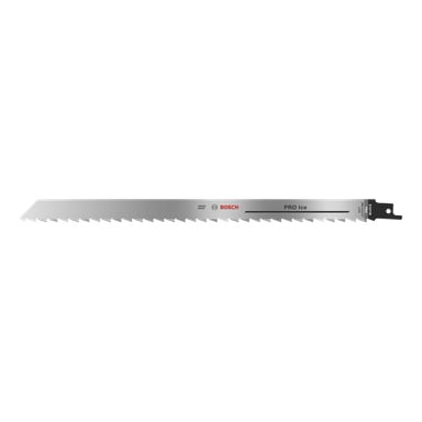 Ett silverfärgat Bosch PRO Ice bajssågblad med vassa, vinklade tänder och svart brännmärke, byggt för tålig materialskärning.