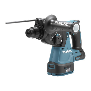 En blå och svart Makita trådlös roterande borrmaskin med sidohandtag, djupmätare och synlig kontrollratt med ratt.