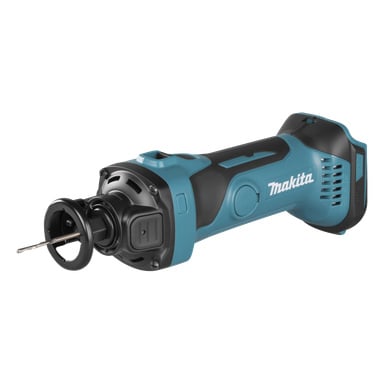 Ett sladdlöst Makita roterande utskärningsverktyg med blå och svart kropp, svart ventilerad ände och en liten borr fäst framtill.