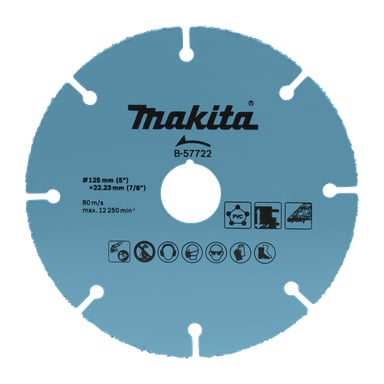 Blå Makita B-57722 cirkulär skärskiva med specifikationer, säkerhetsikoner och användning för PVC, metall och fibercement; sex hackade kanter.
