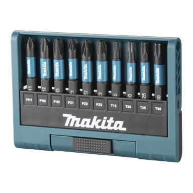 Ett blått Makita-fodral rymmer tio skruvmejselbitar av olika typer och storlekar, var och en upprätt i märkta spår för Phillips, Pozidrive och Torx.