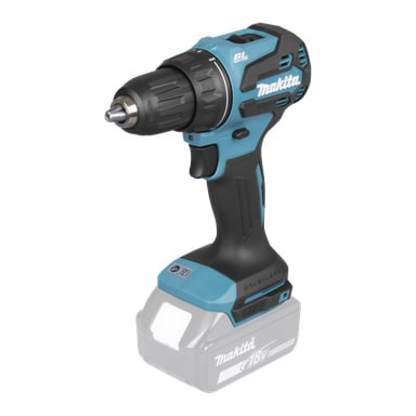 Makita sladdlös borrmaskin med svart och blå kropp, nyckellös chuck och en tom plats för 18V-batteripaketet.