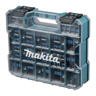 Et turkis og gjennomsiktig Makita-etui med håndtak, organiserte rom fylt med deler og Makita-logoen på forsiden.