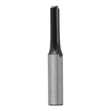 Ein gerader Fräser mit einem metallischen zylindrischen Schaft und einer schwarzen Schneide.