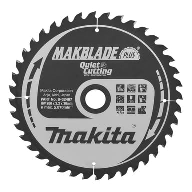 Makita Makblade Plus cirkelsågblad för tysta snitt, 40 tänder, 260 mm x 2,3 mm x 30 mm, max 5 870 varv/min, med användningsikoner.