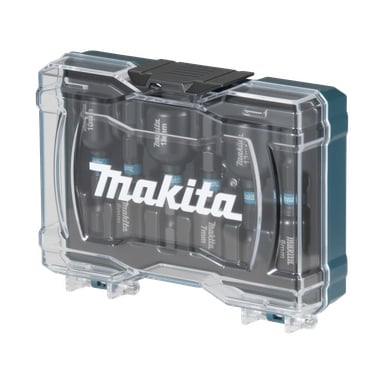 Ett genomskinligt plastfodral med svart lås rymmer flera Makita-skruvmejselbitar och hylsor, Makita-logotypen tydligt synt på framsidan.