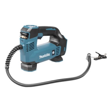 En blå och svart Makita sladdlös luftkompressor med flexibel slang och munstycke, perfekt för att pumpa däck och liknande saker.