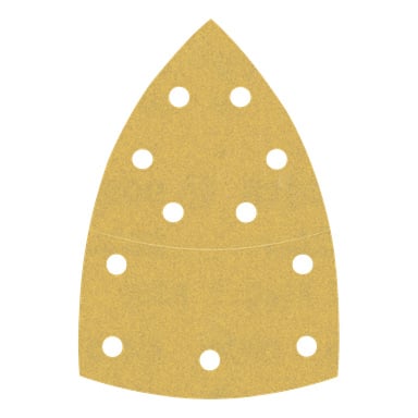 Et jernformet sandpapirark med elleve runde hull i rekker. Den grove overflaten er lys brun.
