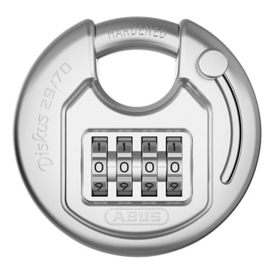Ett cirkulärt silverskivlås har en kombination inställd på 0-0-0-0, med HARDENED ingraverad ovanför, Diskus 29/70 på sidan, ABUS nedanför.